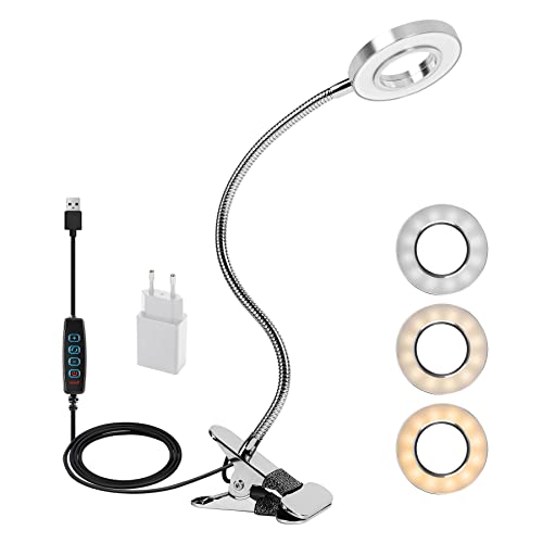 Wilktop LED Klemmlampe,360° Flexibel Schwanenhals Lampe, 3 Modi & 10 Dimmstufen, flexibles Klemmlicht für Bettkopfteil Schlafzimmer Büro 12W, Inklusive CE Adapter,Silber Cover