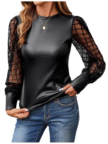 WDIRARA Women's PU Leather Polka Dots Sheer Mesh Puff Long Sleeve Slim Party Top Blouse Black Pure Large
