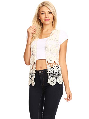 Image of Anna-Kaci Lace Front Open Sleeveless Top Cardigan Crochet Vest Cover up Summer Beachwear