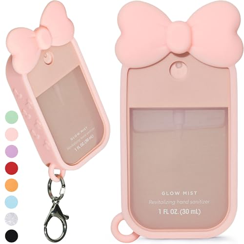ULTRASKINX Silicone Bow Case Compatible with Touchland Hand Sanitizer Spray 1 oz (30 mL) Cute Holder with Keychain Clip Gift for Girls (Blush Pink)