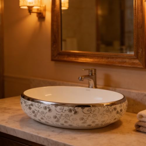 Image of Wallace Oval Table Top Wash Basin 60x40x15 cm | Premium Ceramic Countertop Vessel Sink with Silver Floral Design | Over Counter Designer Bathroom Basin