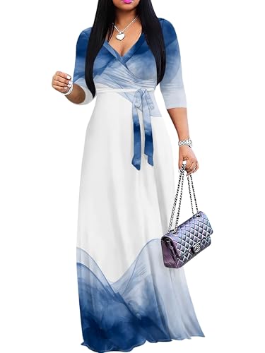 Image of PinkPatty Plus Size Maxi Dresses for Women Casual Flowy Long Dress 3 /4 Sleeve V Neck Wrap Dress with Belt