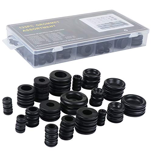 Aussel 18 Größen 125 Stück Schwarze Gummidichtung Elektrische Leiterdichtung Ring Sortiment Kit zum Schutz von Drähten, Steckern und Kabeln (125PCS)