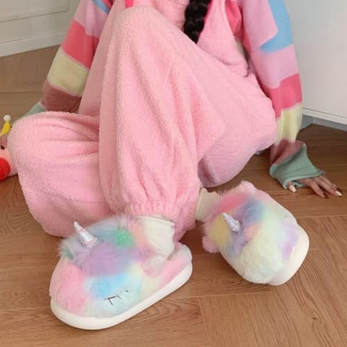 Unicorn Fuzzy Animal Slippers for Women, Womens Cute Fluffy Plush Warm House Slippers, Winter3