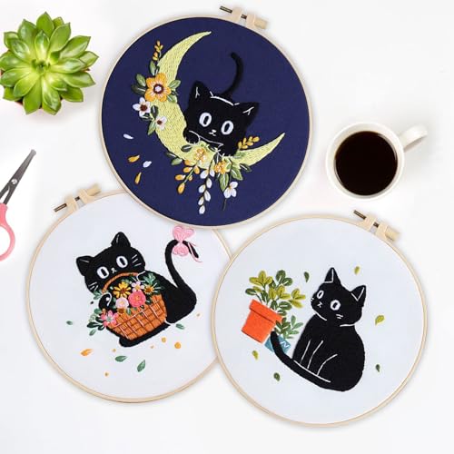 Image of EOBTAIN 3 Pcs Black Cat Embroidery Kit for Beginners, Animal with Floral Embroidery Kits for Adults,Flower Embroidery Starter Kit with Pattern,Hoop,Thread,Needles,Hand DIY Craft Kits for Adults