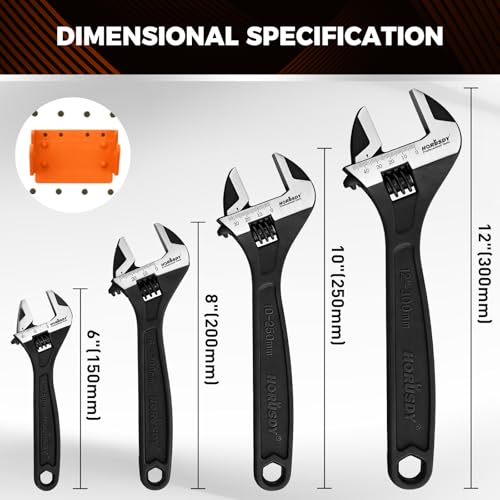 Image of HORUSDY 4-Piece Adjustable Wrench Set With 4-Piece Magnetic Wrench Organizer Racks, 6 inch 8 inch 10 inch Wide Jaw Black Oxide Wrenches with Tool Roll Pouch, Metric&SAE Scales, CR-V Steel for Home Garage Workshop