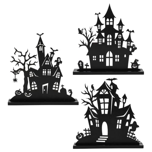 3Pcs Halloween Wooden Table Centerpiece Decorations Wooden Double-sided Printing Silhouette Sketch Ghost House Decoration Ornaments Halloween Table Tiered Tray Decor for Indoor Home Kitchen Party