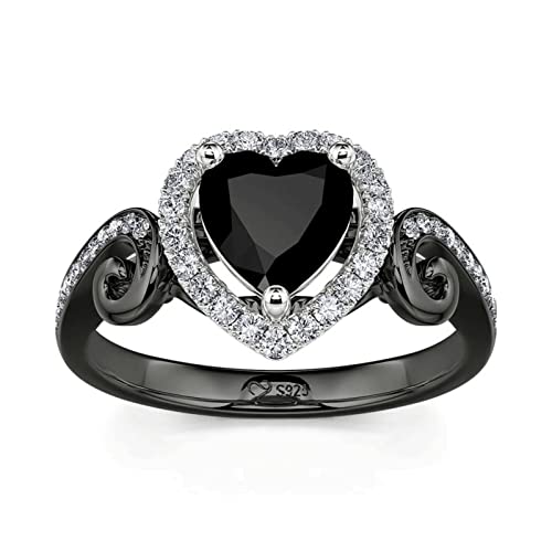 Jeulia Black Heart Cut Sterling Silver Engagement Ring Halo Bridal Anniversary Promise Wedding Band Gemstone Solitaire Crystal Diamond Fashion Brilliant Classic Ring Set With Jewelry Gift Box (Fancy Black, 7.5) #TOP26