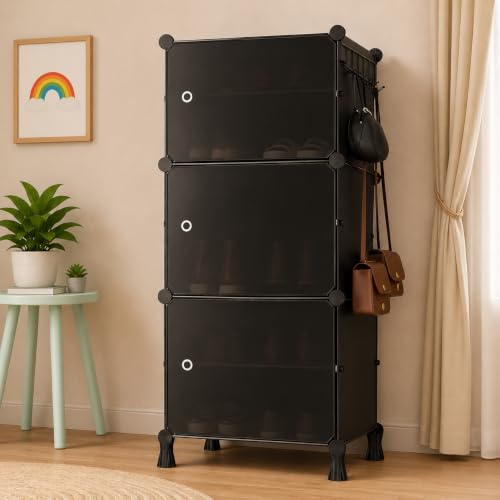Image of Plastic Shoe Rack for Home with Door | 6-Shelf DIY Shoe Cabinet Organiser | Stores 12 Pairs | Foldable & Waterproof Shoe Stand for Entryway, Bedroom