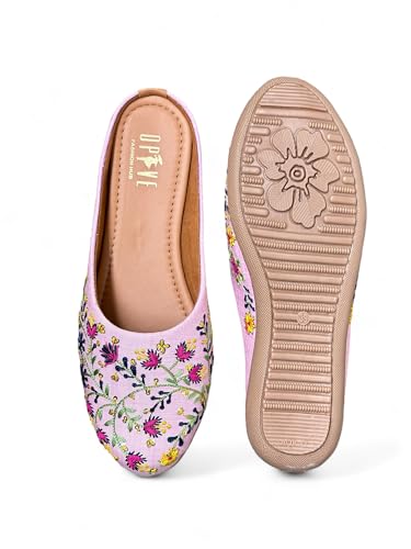 Image of OPIVE's Mehandi Women's Mojari Jutti Ethnic Punjabi Juttis Traditional Flat Embroidered Canvas Fancy Bellies Comfortable Sole for Womens & Girls