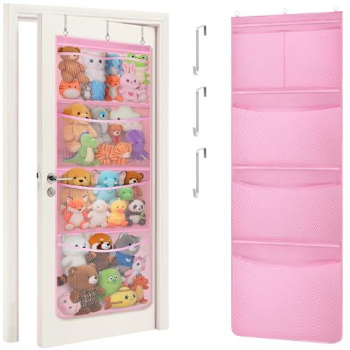 Lifewit Over Door Stuffed Animal Organizer,5 Mesh Pockets, Pink,1 Pack