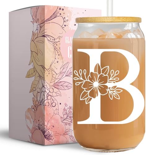 Initial Glass Cup, Monogrammed Gifts for Women, 16 oz Glass Cups with Lids and Straws, Coffee Smoothie Beer Glass Personalized Christmas, Birthday Gifts for Her Mom (B)