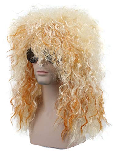 Karlery Mens Long Curly Blonde and Orange 80s Heavy Metal Rocker Wig 70s Themed Party Wig Costume Anime Wig
