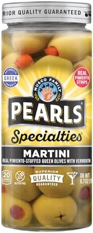 Pearls Specialties Martini Real Pimiento Stuffed Queen Olives with Vermouth, 6.7oz Jar, Pack of 6, Non-GMO verified, Gluten Free, Halkidiki Queen Olives, Imported from Greece