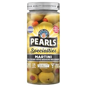 Pearls Specialties Martini Real Pimiento Stuffed Queen Olives with Vermouth, 6.7oz Jar, Pack of 6, Non-GMO verified, Gluten Free, Halkidiki Queen Olives, Imported from Greece