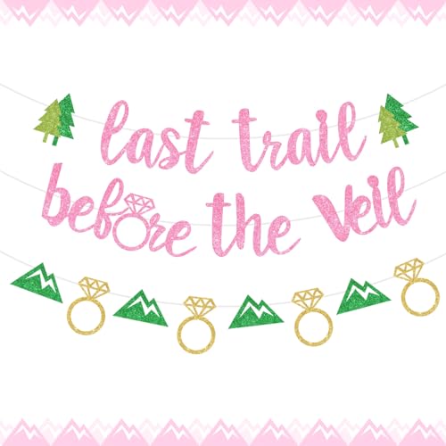 Cheereveal Pink Camping Bachelorette Decorations, Glitter Last Trail Before the Veil Banner Sign and Mountains Diamond Ring Garland for Camp Hiking Bridal Shower Wedding Engagement Party Supplies