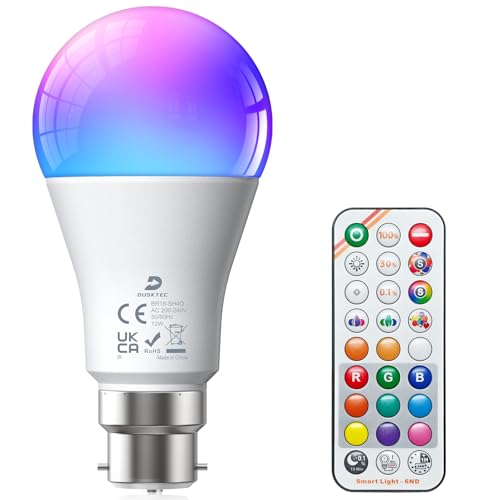 DUSKTEC Colour Changing Light Bulb Bayonet 1300LM B22 LED Bulbs 100 Watt Equivalent with Remote Control 9 RGB Colors/Warm White/Cool White DIY/Timer/Sleep Mode 12W No Flicker Lightbulbs for Home