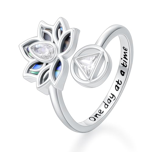 KoyeKei Sobriety Gifts Alcoholics Anonymous Rings for Women 925 Sterling Silver Lotus Flower Adjustable Open Ring AA Addiction Recovery Symbol Jewelry Sober Graduation Gifts