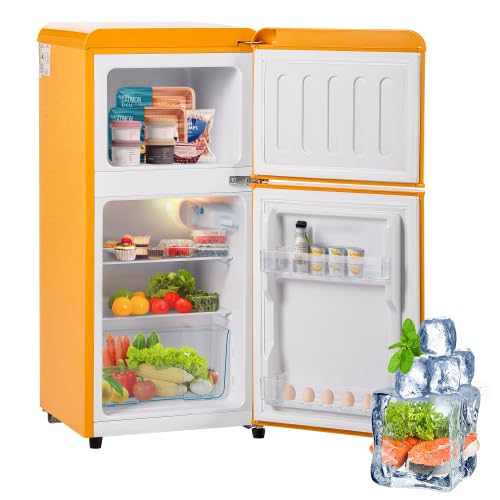 Nevera retro. 88,8 x 45,5 cm, doble puerta, 60 litros, volumen de congelación 22 litros. 102 kWh/año, -27 °C ∽ 13 °C, lámpara LED. Energía Amarilla Avanzada Clase E ROJO