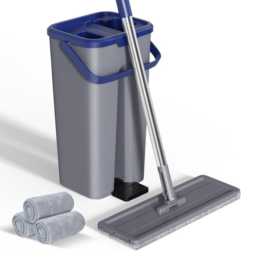 Eukue Balai Serpillère Essoreur avec Seau, Serpillière Plat Rotatif 360°avec 3 Serpillères Réutilisables, 2 en 1 Seau Essoreur Serpillere de Mains Libre pour Nettoyage Tous Types de Sols(Gris)