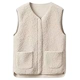 ZLQRSSWK Teddy Fleece Weste Damen Leichte Weste Fleeceweste Herbst Winter Warm Ärmellos Westen Leicht Casual Einfarbig V-Ausschnitt Damenweste Mit Taschen Pelzjacke Plüschweste (Beige,M)