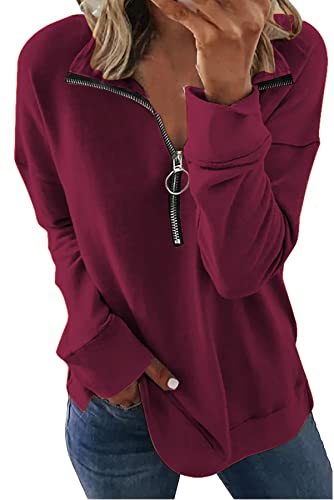 FANGJIN 1 / 4 Fermeture à glissière Tee Shirt Femme Manche Longue Pull Grande Taille Haut Sweat Décontractés Automne Bloc de Couleur Unie Ample Col Ras du Cou T-Shirts Vin Rouge Grand Cover