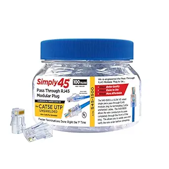 Simply45 Unshielded Pass-Through RJ45 Modular Plugs - 24AWG Solid for CAT5e UTP Cables and 28-26AWG Stranded - Light Blue Tint - 100 Piece Jar - S45-1500