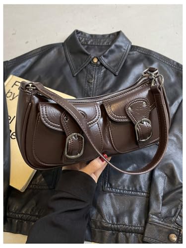 Women's Vintage Double Pockets PU Leather Shoulder Bag Zipper Underarm Bags Y2K Clutch Purses4