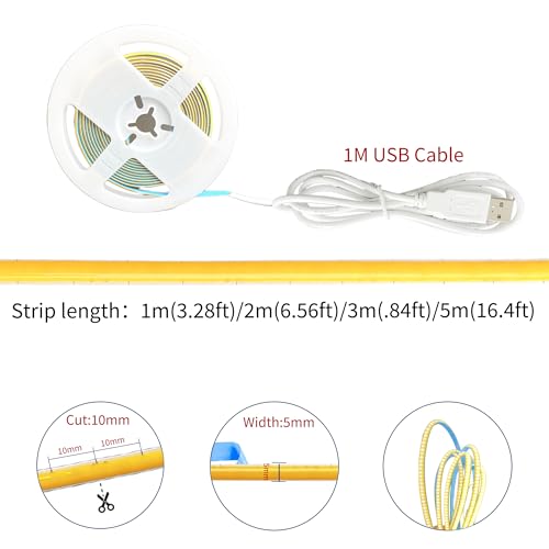 Image of 5V 5mm Width USB COB LED Strip Lights,3.28FT /1M,Warm White 3000K,400LEDs /M,8W /M,CRI90,750lm,Electroplated Double-Sided Panel Light Strip,IP20,for Indoor Decoration