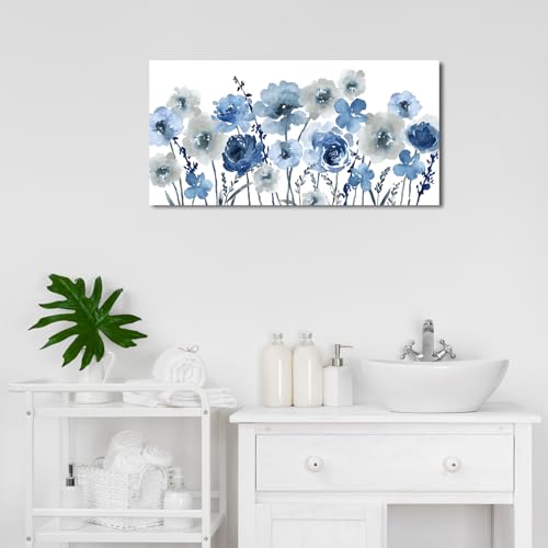 Image of VEAEE Flowers Canvas Wall Art - Indigo Floral Canvas Pictures Living Room Wall Decor Botanical Canvas Prints Painting Abstract Artwork Bedroom Office Home Decor 20 inchx 40 inch