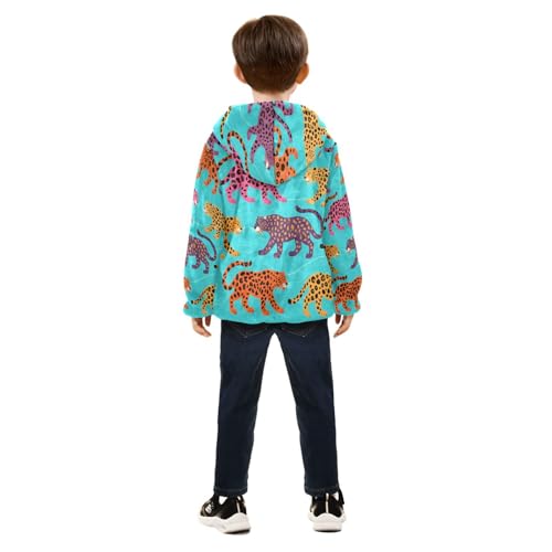 Colorful Leopard Print Toddler Fleece Jacket Girl Boys Hooded Fleece Jacket Coat Warm Outwear Zip-up 3-10T4