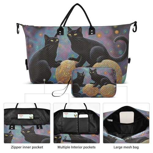 Large Travel Duffel Bag, Gold Black Cat Sport Tote Gym Bag, Shoulder Weekender Overnight Bag for Women Men, Carry On Luggage with Toiletry Bag2