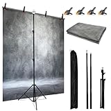 Haboke 6.5 x 5ft T-Shaped Backdrop Stand with Abstract Grey 5x6.5ft Professional Photography Backdrop,Adjustable Backdrop Stand with 4 Spring Clamps,Portable Handbag (2 in 1)