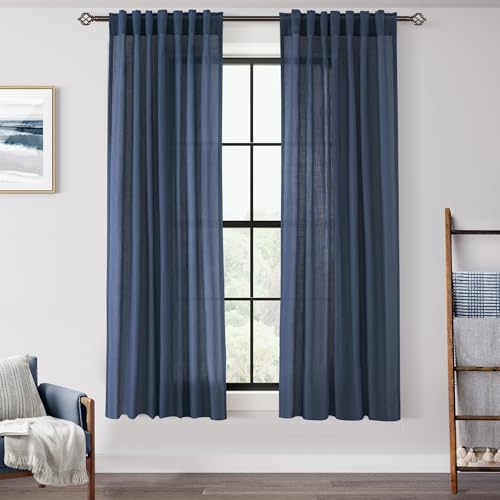 Jolilight Navy Blue Curtains 63 Inch Length for Bedroom Back Tab Light Filtering Semi Sheer Living Room Curtains Linen Cotton Textured Indigo Drapery Panel Modern Farmhouse Aesthetic Decor