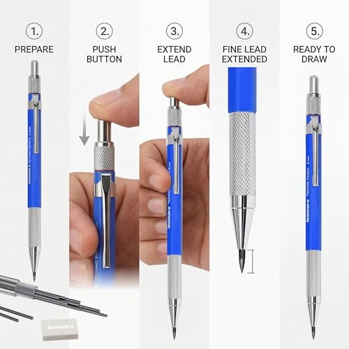Image of Isomars Mechanical Drafting Pencil 2mm with Built-in Sharpener, 10 Leads & Eraser | Non-Slip Metal Grip Technical Pencil for Drawing, Sketching & Writing