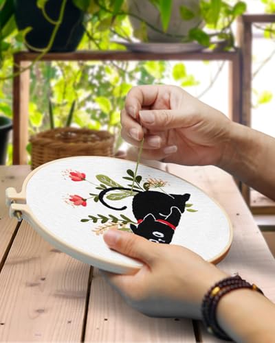 Image of TINDTOP 2 Pack Embroidery Kit for Adult Beginners, Embroidery DIY Starter Kit, with Black Cat and Flowers Stamped Patterns, Hoop, Tools, Colorful Threads with Needles, Instructions | 2 Pack with Black Cat And Flowers Stamped Patterns, Hoop, Tools, Colorful Threads with Needles, Instructions