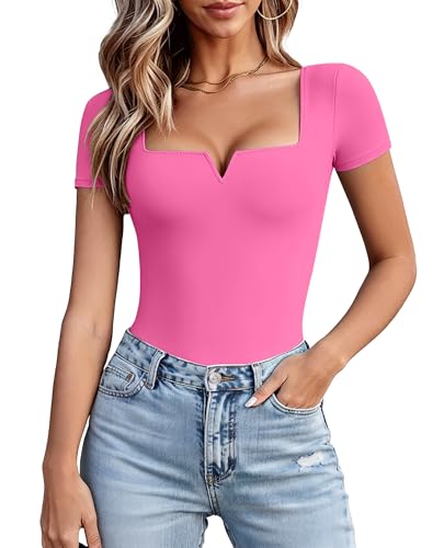 Avidlove Pink Bodysuit for Women Short Sleeve Square Neck Body Suits Sexy V Neck One Piece T Shirt Going Out Tops Club Outfits