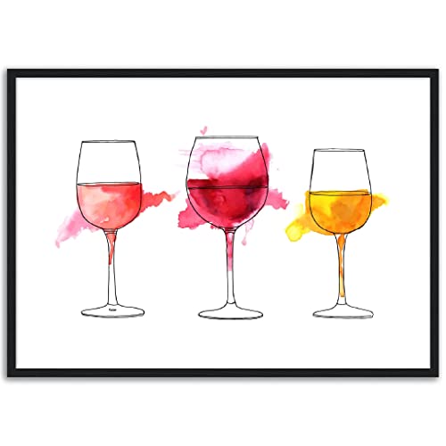 Verre à vin aquarelle déco murale cuisine cadre noir salon 50x70