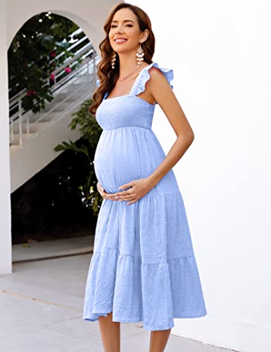 Image of KOJOOIN Womens Maternity Dress Summer Sleeveless Smocked Square Neck Ruffle Casual Boho Midi Dress Baby Shower Photoshoot