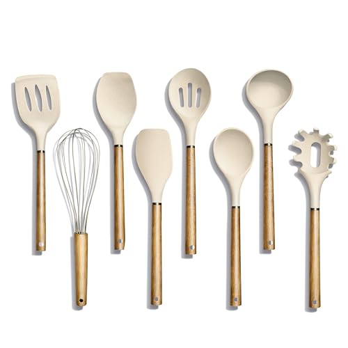Country Kitchen Non Stick Silicone Utensil Set with Rounded Wood Handles for Cooking and Baking, 8 Piece Set, Khaki