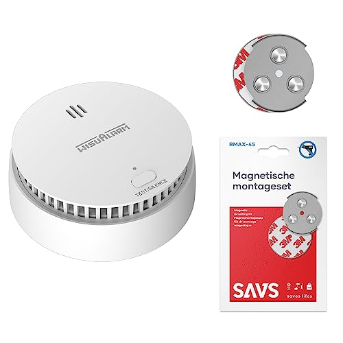 WisuAlarm SA20-A Rauchmelder 10 Jahre Batterie mit Magnethalterung 1 Stück Set - Feuermelder Brandmelder mit Test-/Stummschalt-Taste - Rauchwarnmelder EU-Norm DIN EN14604 - Inklusive Magnethalter