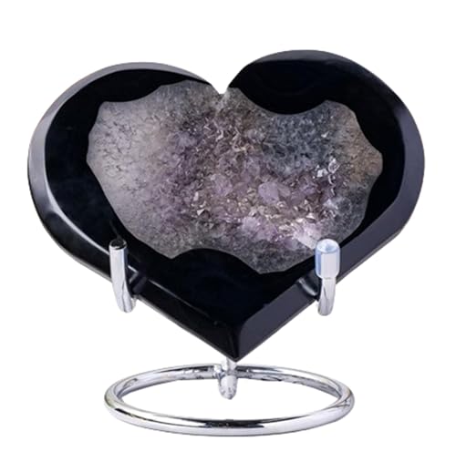 Cœur en agate noire géode de collection pièce unique avec support