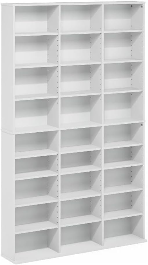 Pemberly Row Media Storage Tower Rack, 24 Adjustable Shelves, Composite Wood, White Finish, 7.09" D x 37.28" W x 60.47" H, Wall-Mountable CD/DVD/Blu-ray Organizer for Living Room or Media Room