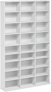 Pemberly Row Media Storage Tower Rack, 24 Adjustable Shelves, Composite Wood, White Finish, 7.09" D x 37.28" W x 60.47" H, Wall-Mountable CD/DVD/Blu-ray Organizer for Living Room or Media Room