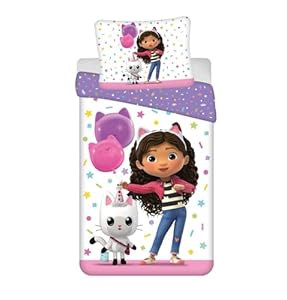 Gabby's Poppenhuis "Confetti" Beddengoedset | Dekbedovertrek 140 x 200 cm + kussensloop 50 x 70 cm | Officieel katoenen beddengoed voor kinderen | Zacht ademend beddengoed voor meisjes |