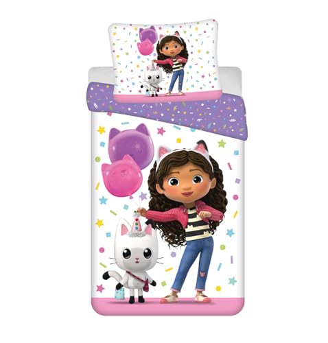 Image of Gabby’s Dollhouse ''Confetti'' Bedding Set | Duvet Cover 140x200 cm + Pillowcase 50x70 cm | Official Kids Cotton Bed Linen | Soft Breathable Bedlinen for Girls | Licensed Children’s Bedroom Set