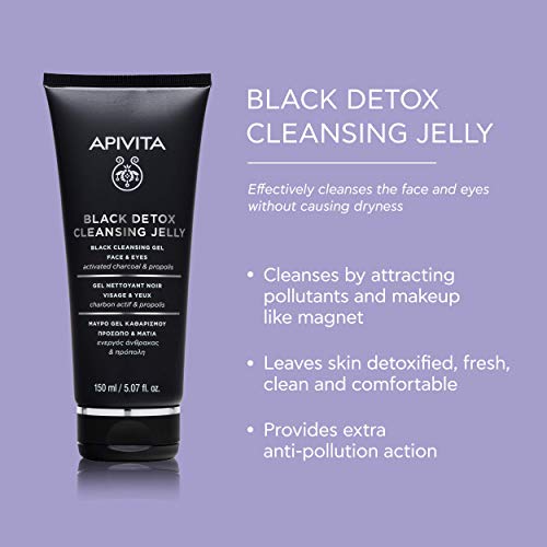 Apivita Black Detox Cleansing Gel - Facial Cleanser & Makeup Remover with Activated Charcoal - Leaves Skin Fresh, Clean and Comfortable - 5.07 Fl Oz - Image 3