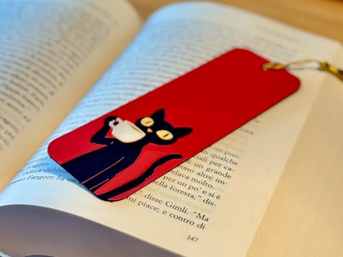 Image of Set of 3 Premium Bookmarks | Great Wave Hokusai Art Inspired, Anime Inspired & Koi Fish | Elegant Frame with Tassel | Perfect Gift for Readers & Collectors | Durable Bioplastic (Chill Cat with Coffee)