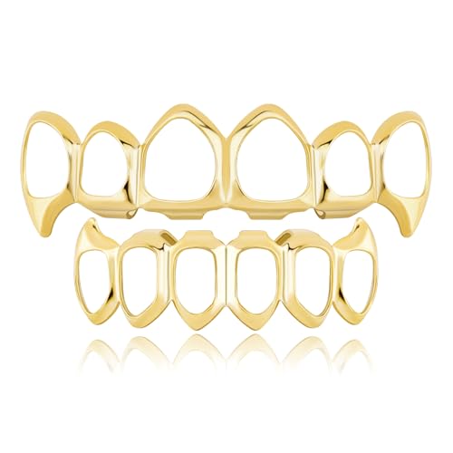 YOSZO 18K Gold Plated Vampire Teeth Grillz Grills for Your Teeth Removable Open Face Grillz Hip Hop Mouth Grills For Women Men Gift Halloween Party Photo Fancy Dress (Gold1)