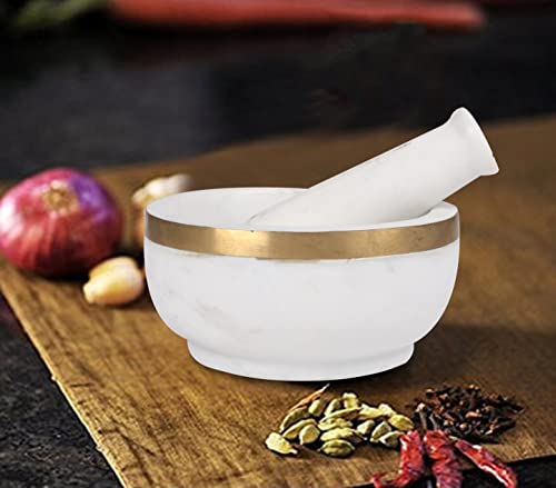 Winlay Handcrafted Milky White Marbal Stone Mortar And Pestle Set With Brass Border || Marble Stone Mortar And Pestle || Natural Stone Moratr And Pestle || 5X5X2.5 Inch #TOP5